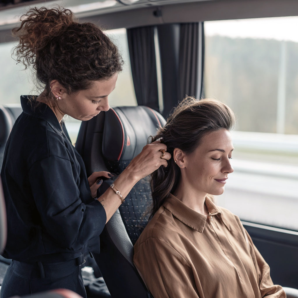 Woman styling another woman's hair while seated on a bus or coach.