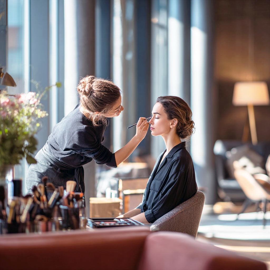 Makeup artist applying eyeshadow to a seated woman in a bright, modern room with makeup brushes and flowers in the foreground.