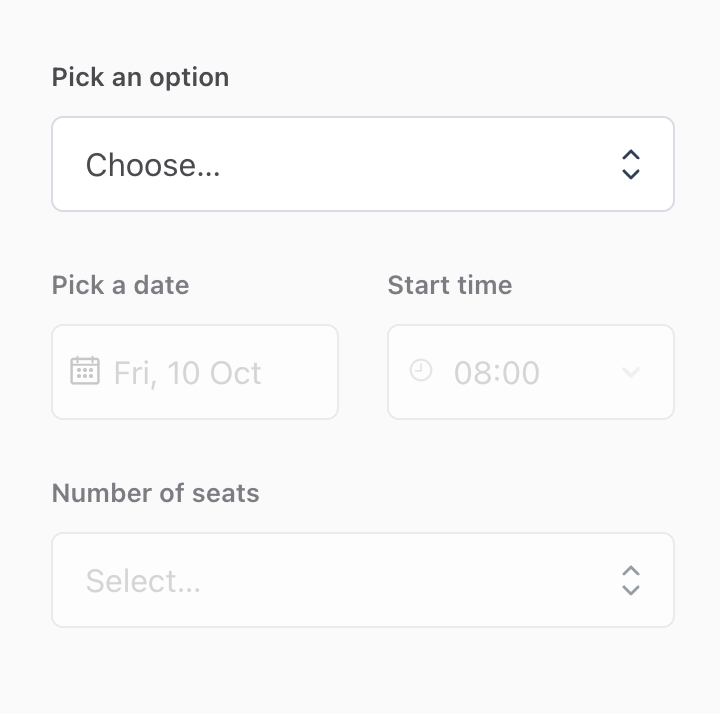 Form with dropdown menus to pick an option, select a date, choose a start time, and specify the number of seats.