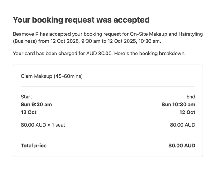 Booking confirmation for On-Site Makeup and Hairstyling