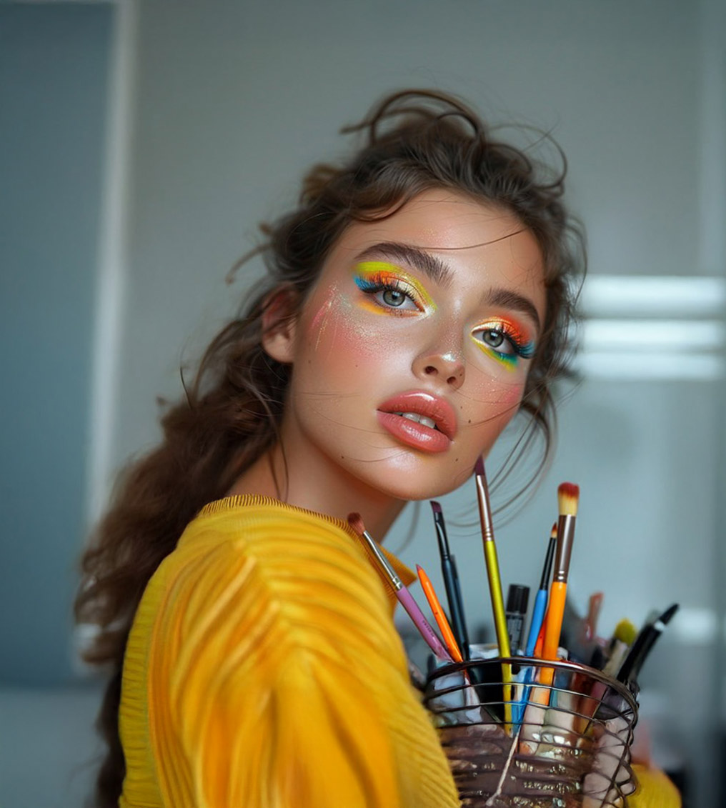 Young woman with vibrant rainbow eye makeup and glossy lips holding a cup filled with paintbrushes, wearing a yellow top.