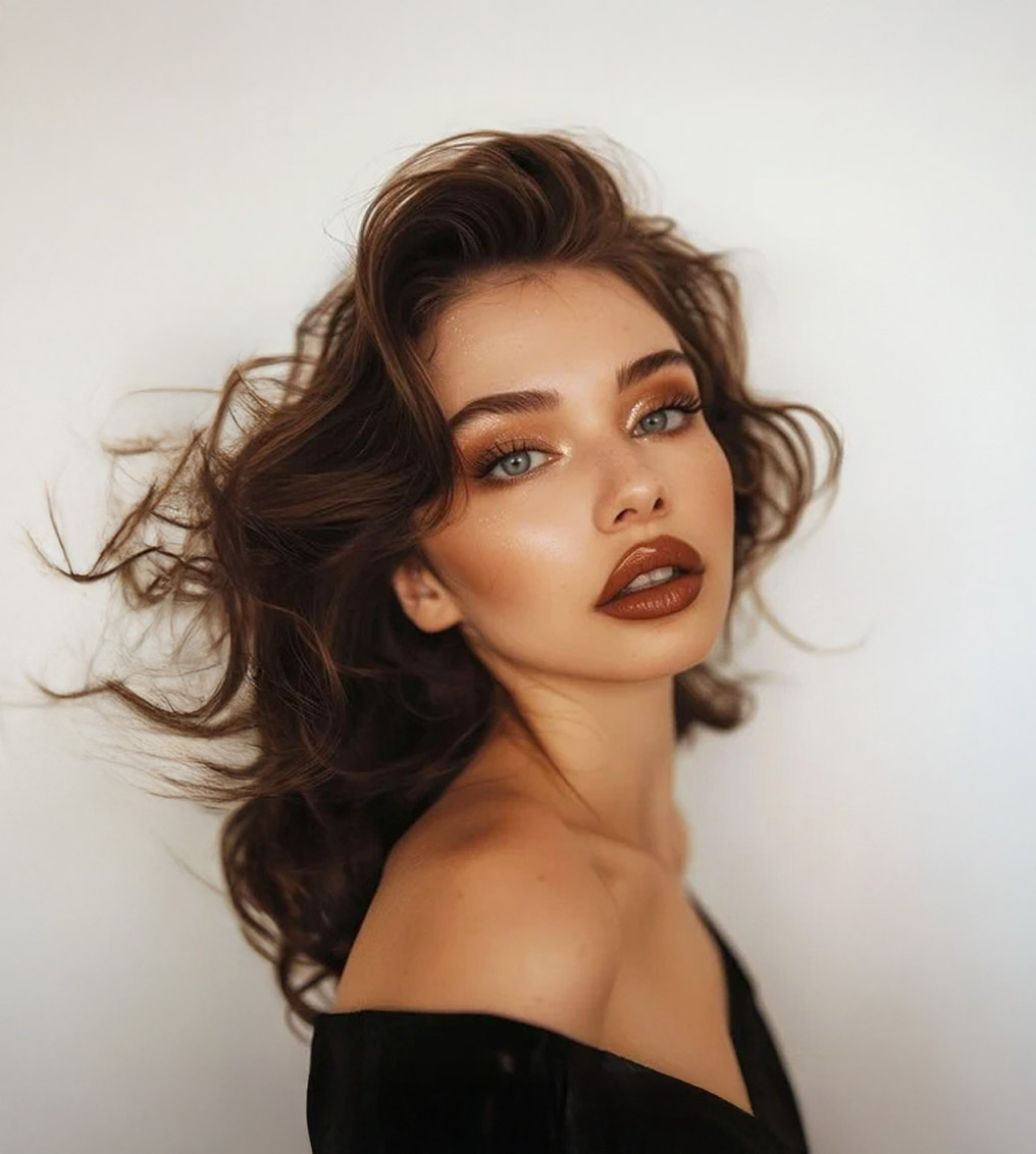 Portrait of a young woman with wavy brown hair, striking blue eyes, and bold brown lipstick against a plain light background.