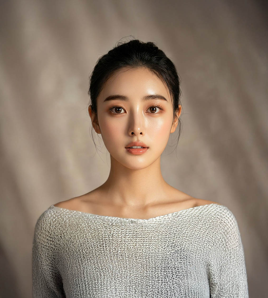 Portrait of a young woman with dark hair tied back wearing a light grey knit top against a neutral blurred background.