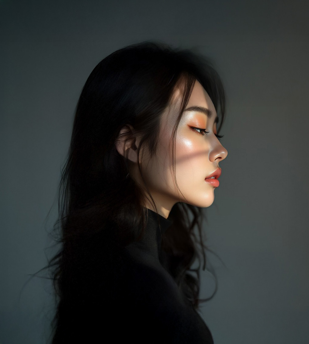Portrait of a woman with wavy brown hair, bold brown lipstick, and shimmery gold eye makeup wearing an off-shoulder black top.