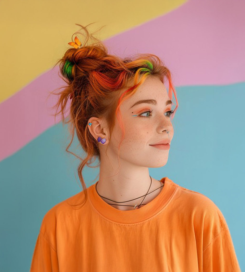 Young woman with vibrant multicoloured hair styled in a messy bun, wearing an orange shirt against a pastel yellow, pink, and blue background.