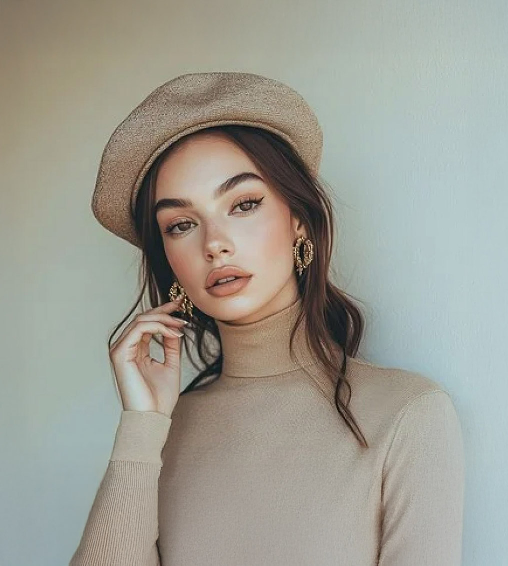 Young woman with vibrant rainbow eye makeup and glossy lips holding a cup filled with paintbrushes, wearing a yellow top.