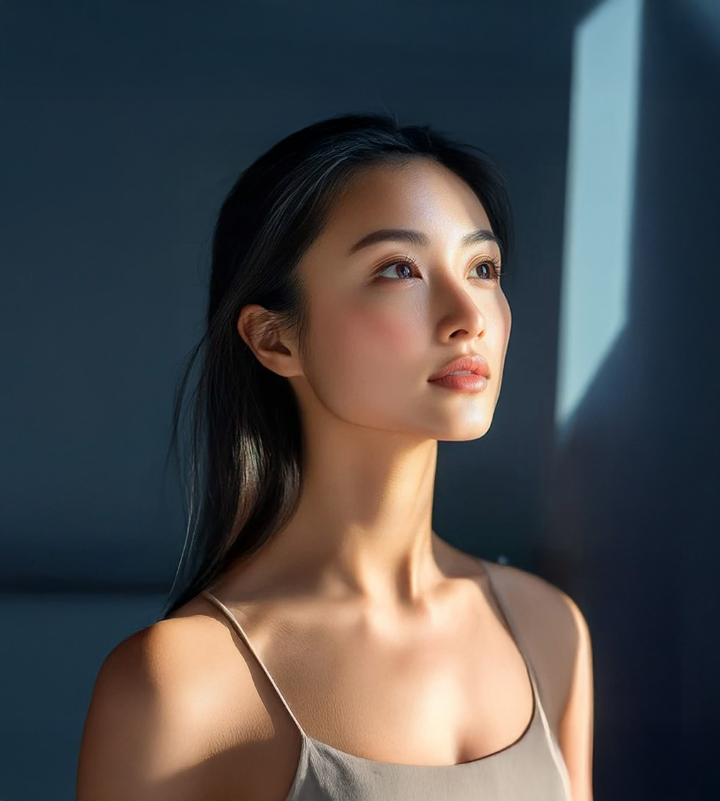 Young woman with elegant makeup and red lipstick wearing a white lace strap dress and hair accessory.
