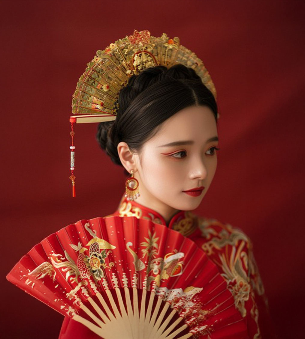 Young woman with vibrant multicoloured hair styled in a messy bun, wearing an orange shirt against a pastel yellow, pink, and blue background.