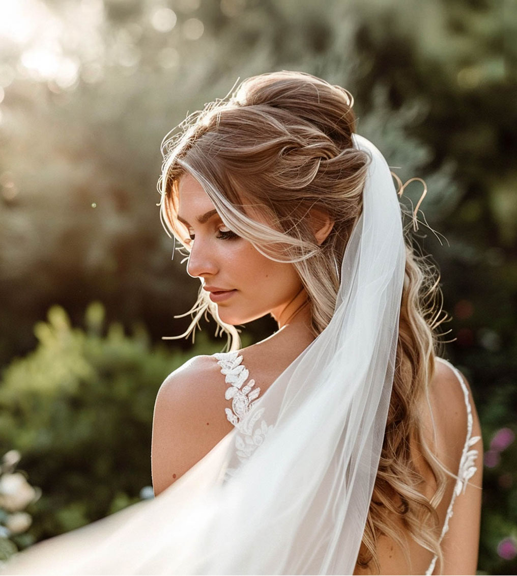 Portrait of a woman with wavy brown hair, bold brown lipstick, and shimmery gold eye makeup wearing an off-shoulder black top.