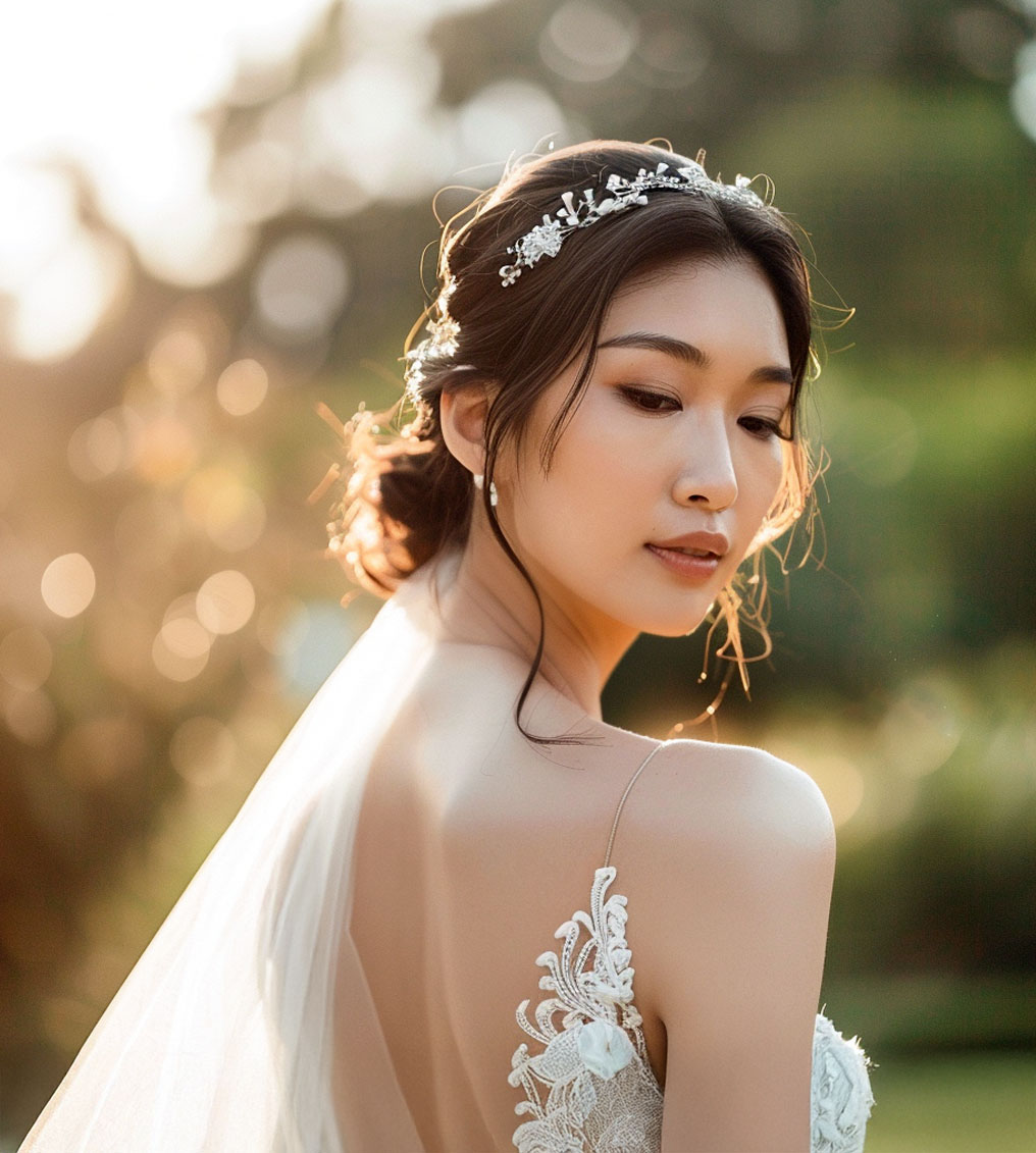 Young woman with elegant makeup and red lipstick wearing a white lace strap dress and hair accessory.