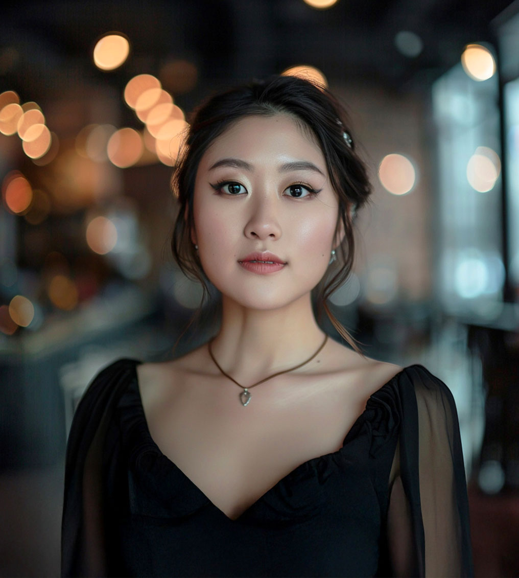 Young woman with wavy blonde hair and green eyes wearing a light beige top standing outdoors with blurred greenery and stone wall in background.