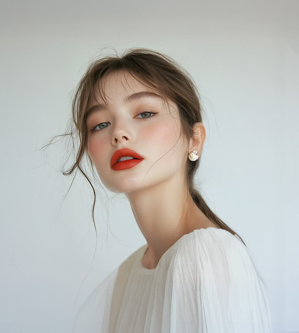 Young woman with light skin, red lipstick, soft brown hair loose with strands framing face, wearing white sheer blouse and gold earrings against plain background.