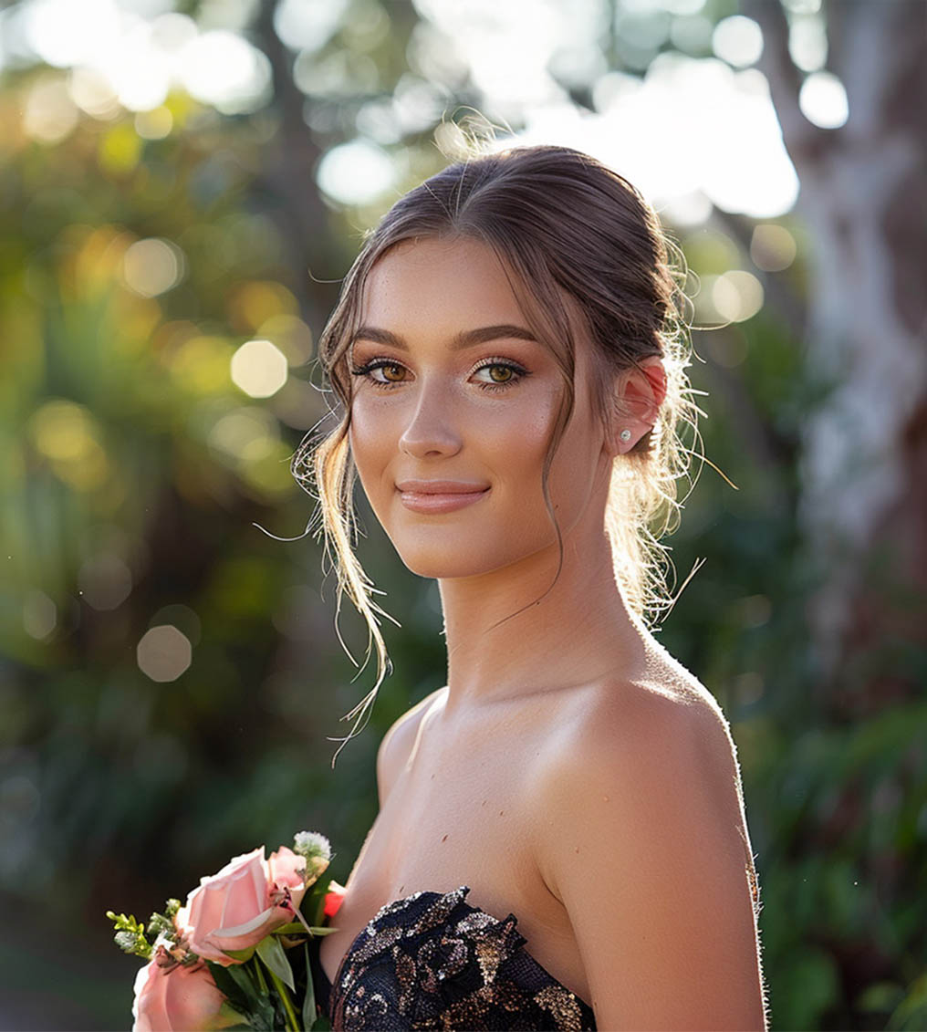 Young woman with vibrant rainbow eye makeup and glossy lips holding a cup filled with paintbrushes, wearing a yellow top.