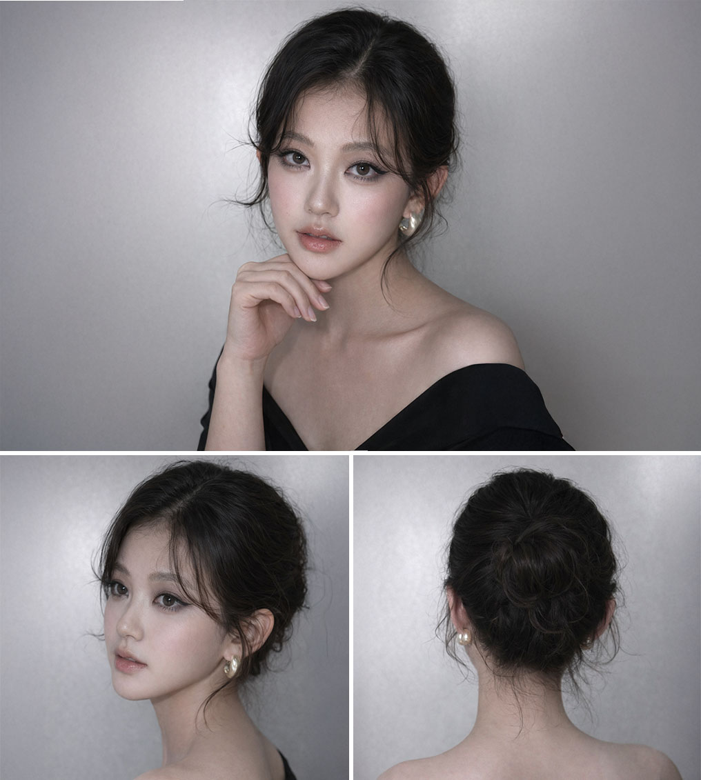 Woman with long brown hair wearing a dark red velvet jacket, lit by a strong shadow across her face against a blue background.