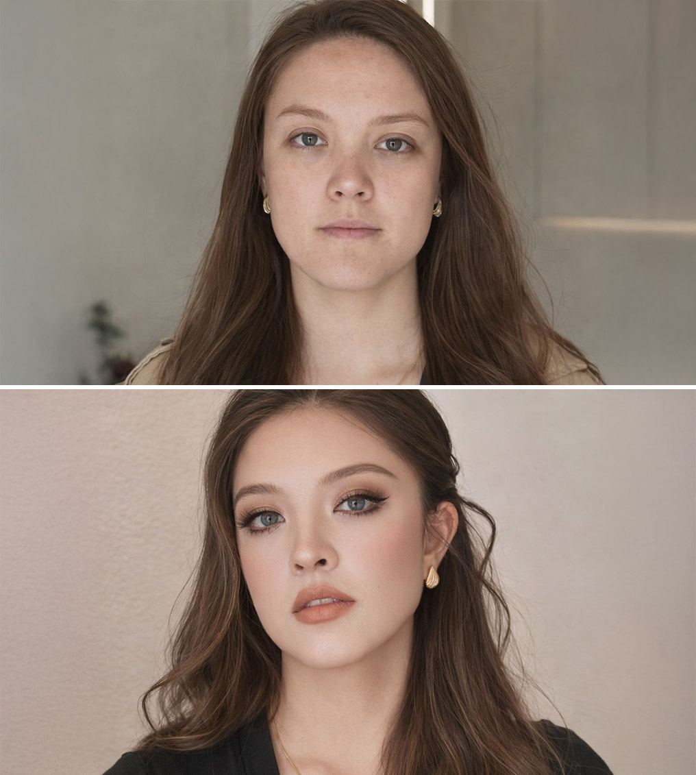 Young woman with vibrant rainbow eye makeup and glossy lips holding a cup filled with paintbrushes, wearing a yellow top.