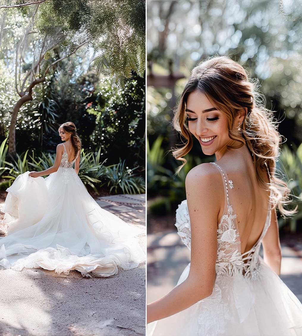Portrait of a woman with wavy brown hair, bold brown lipstick, and shimmery gold eye makeup wearing an off-shoulder black top.