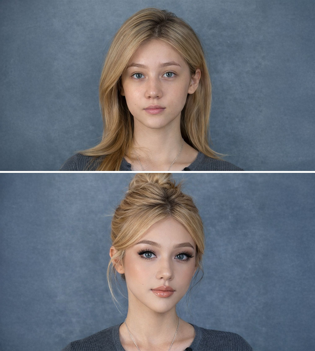Young woman with elegant makeup and red lipstick wearing a white lace strap dress and hair accessory.