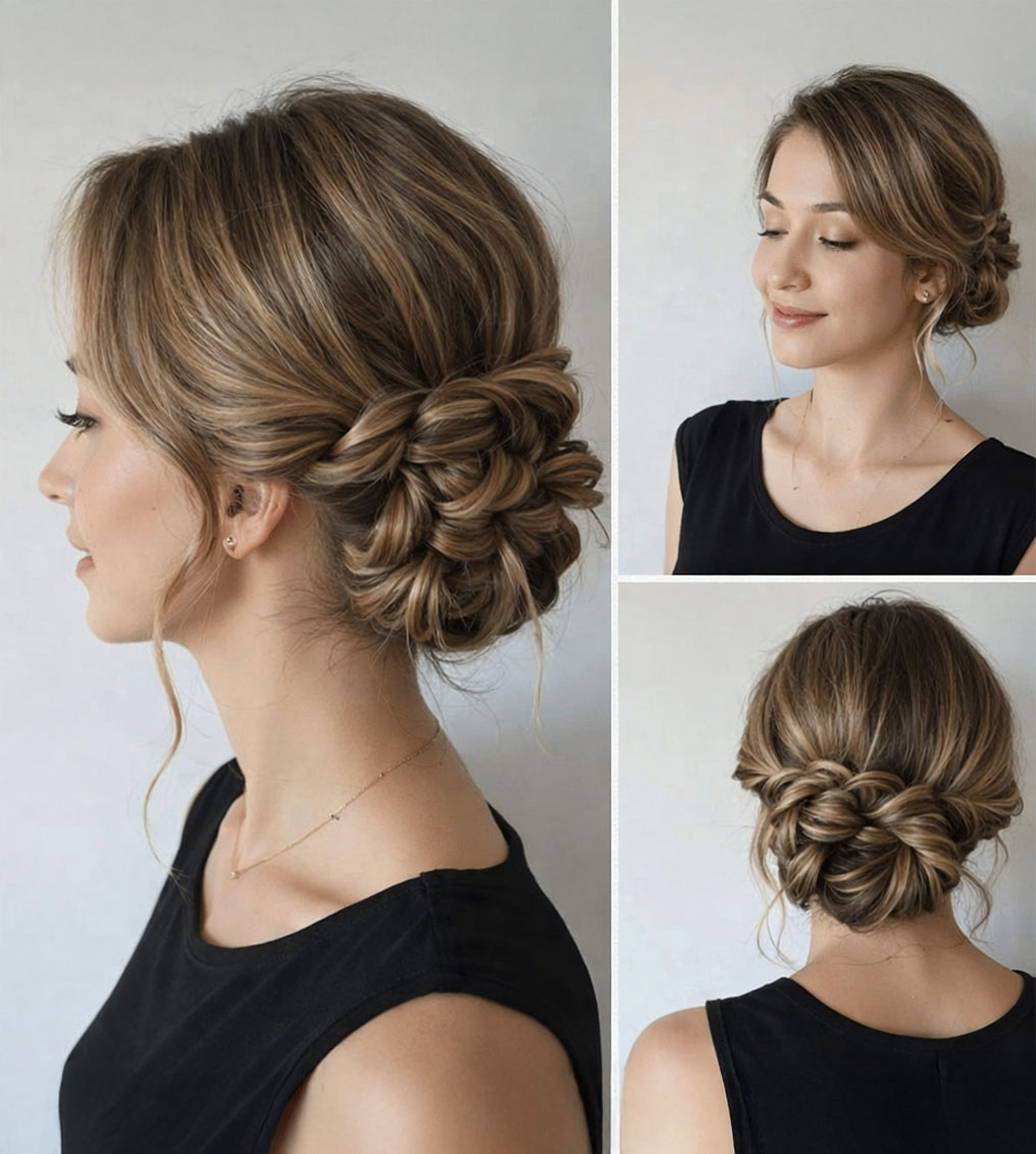 Young woman with light skin, red lipstick, soft brown hair loose with strands framing face, wearing white sheer blouse and gold earrings against plain background.