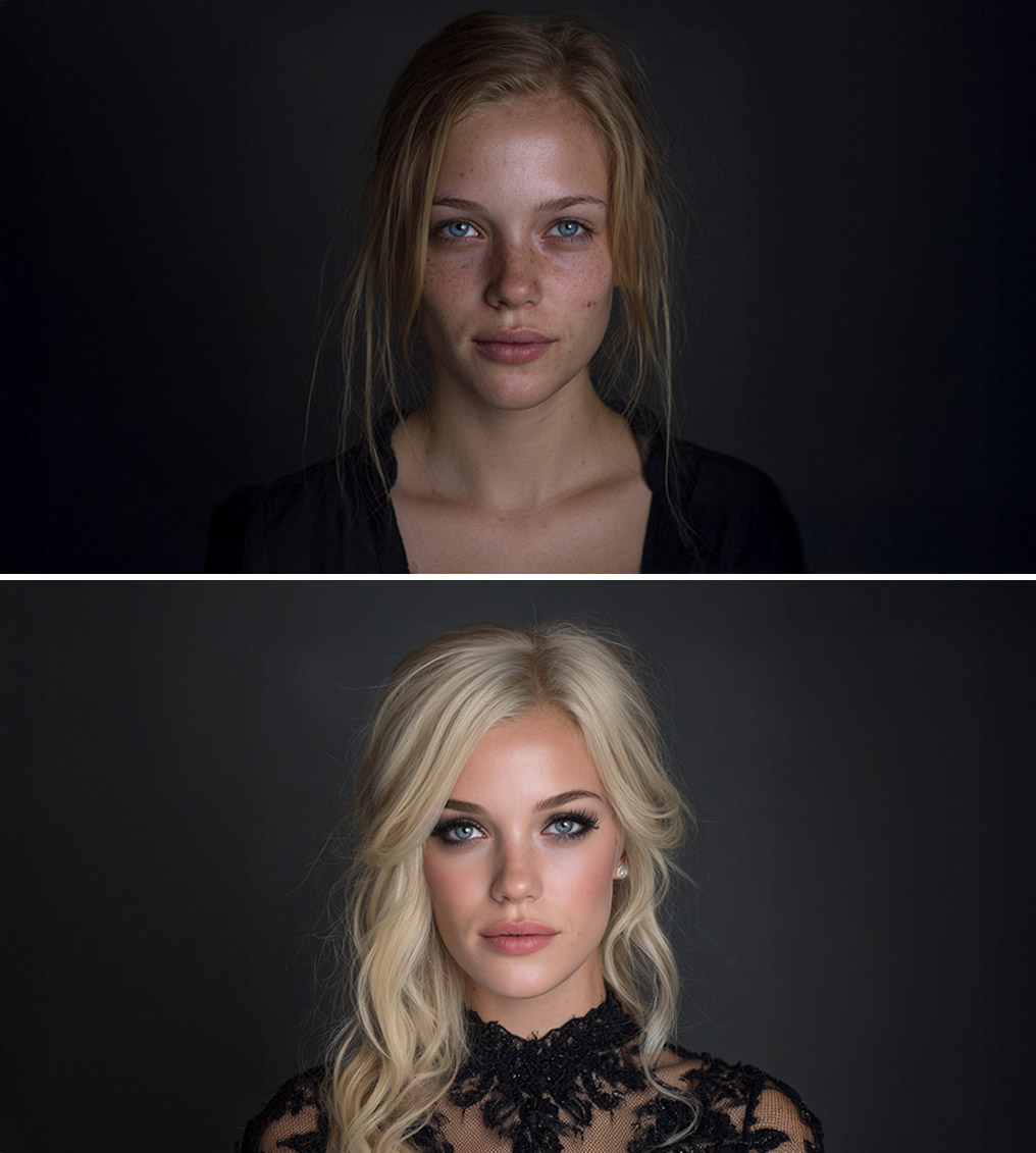 Young woman with vibrant rainbow eye makeup and glossy lips holding a cup filled with paintbrushes, wearing a yellow top.