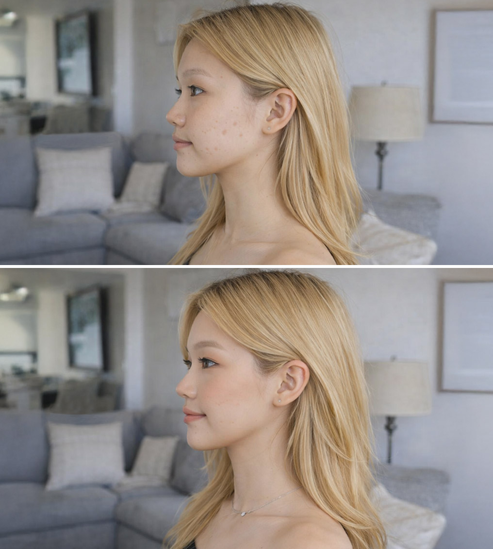 Young woman with colorful rainbow eyeshadow and glossy lips holding a container of makeup brushes.