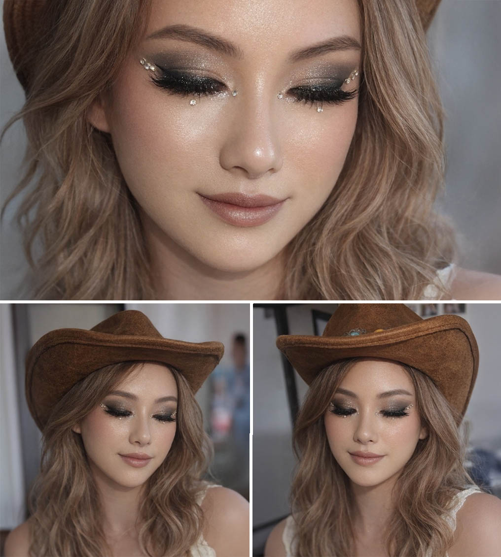 Young woman with elegant makeup and red lipstick wearing a white lace strap dress and hair accessory.