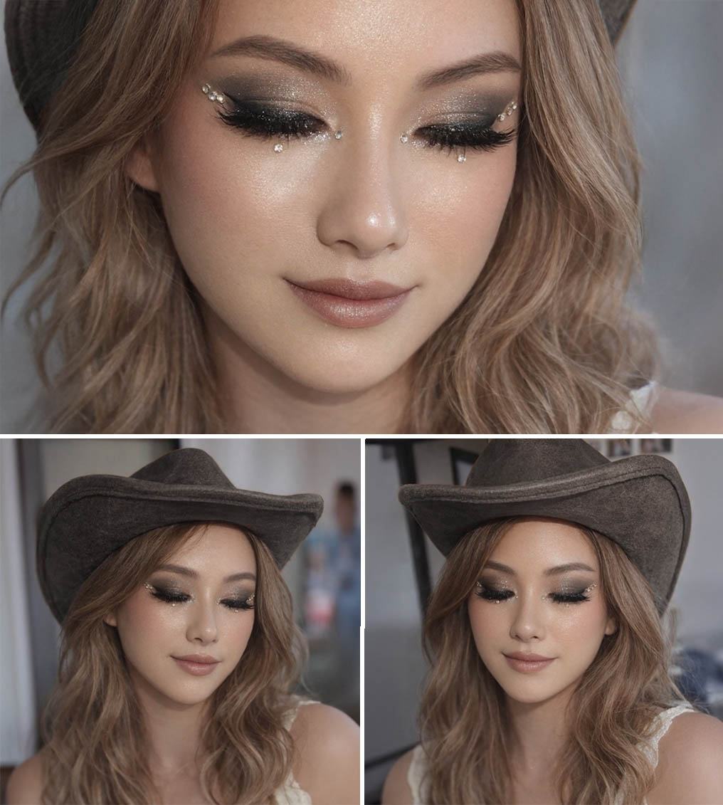Young woman with elegant makeup and red lipstick wearing a white lace strap dress and hair accessory.