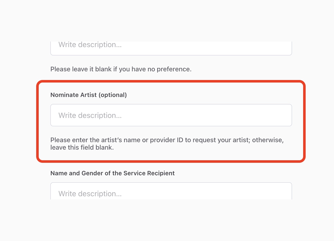 Form section with optional fields for Preferred Artist Language, Nominate Artist, and Service Recipient details.