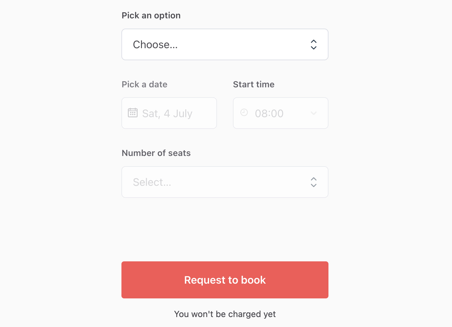Booking form with dropdowns to pick an option, date, start time, number of seats, and a red request to book button.
