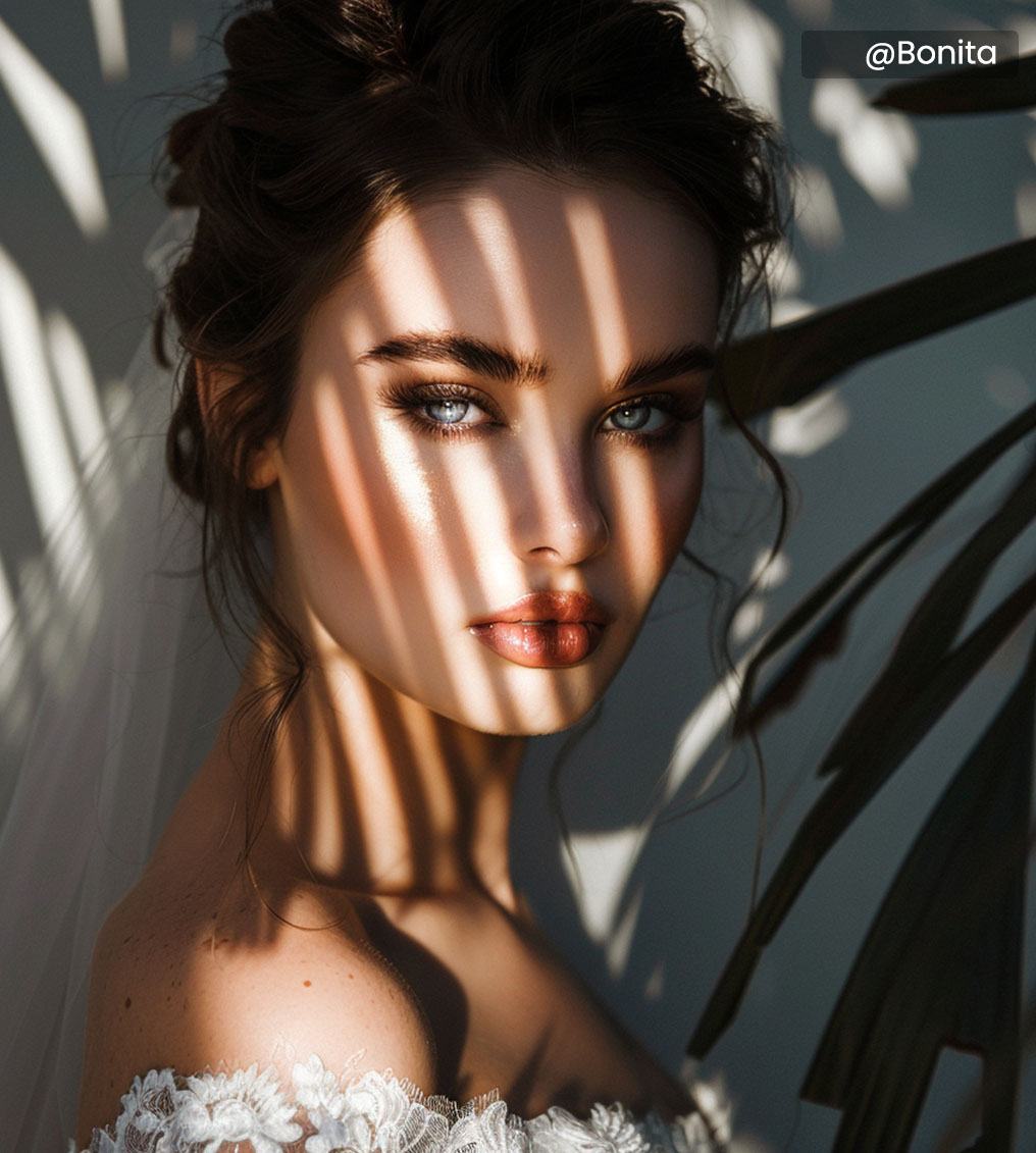 Young woman with light skin, red lipstick, soft brown hair loose with strands framing face, wearing white sheer blouse and gold earrings against plain background.