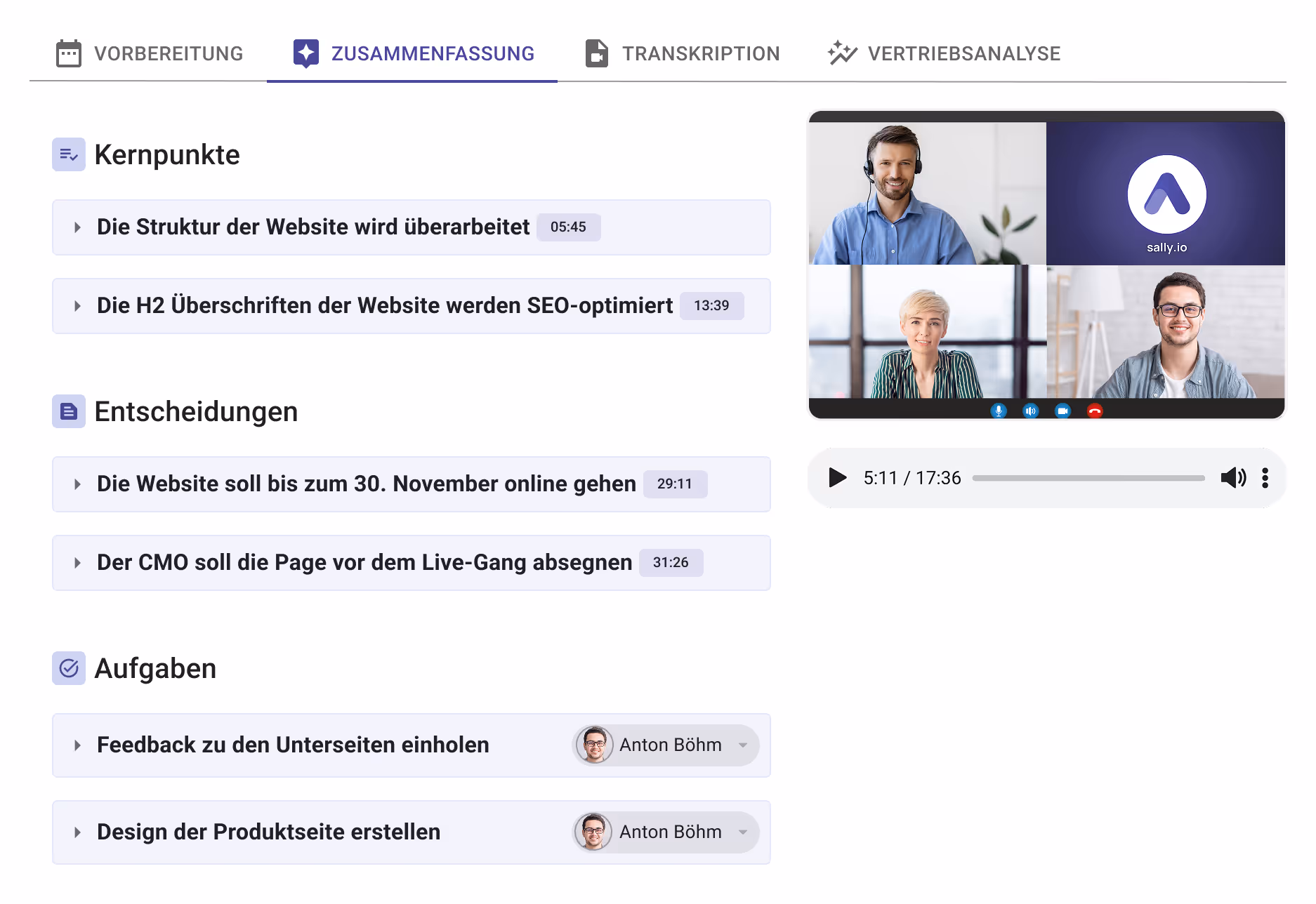 Sally AI Meeting Transkription dashboard