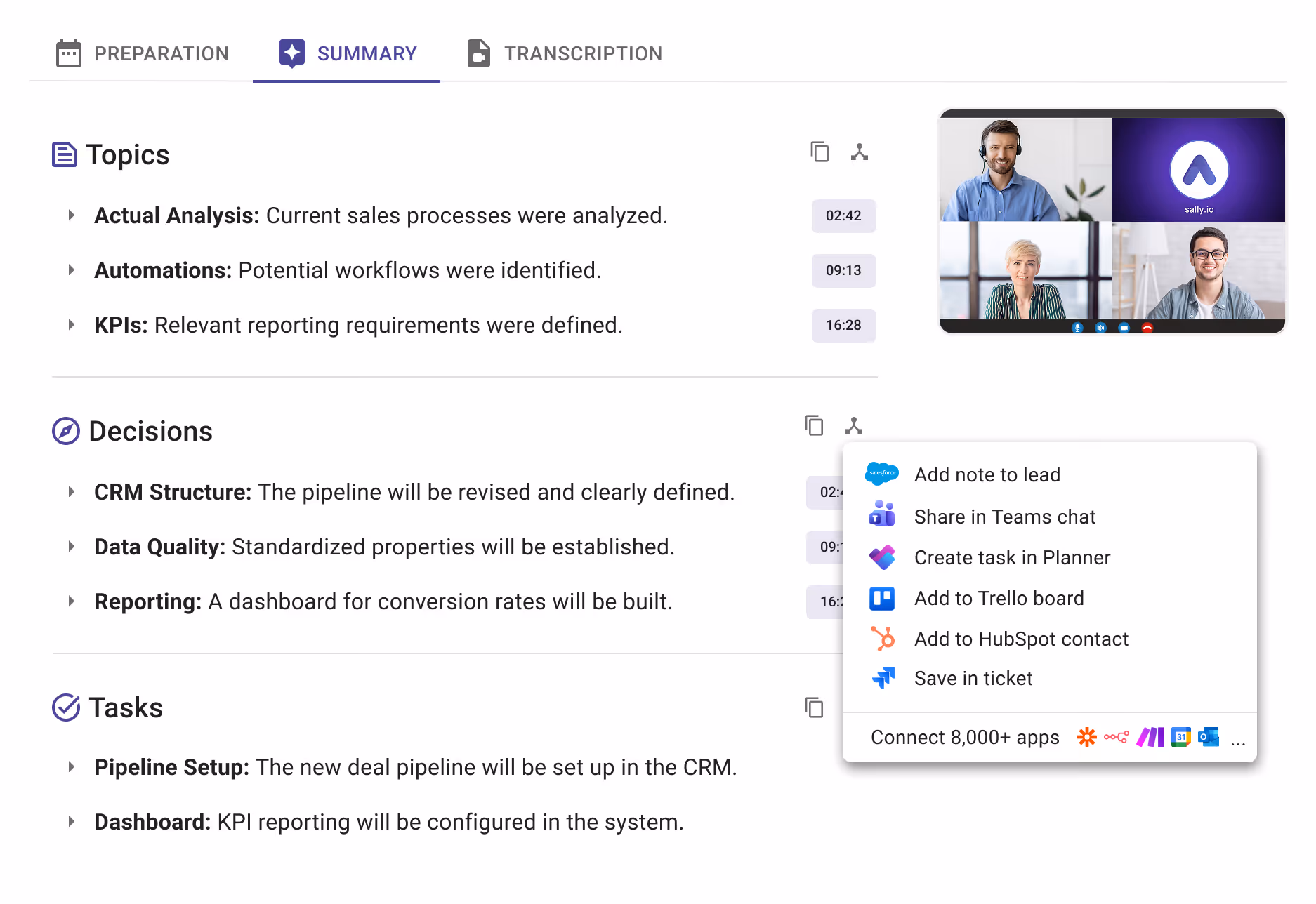 Sally meeting transcription dashboard