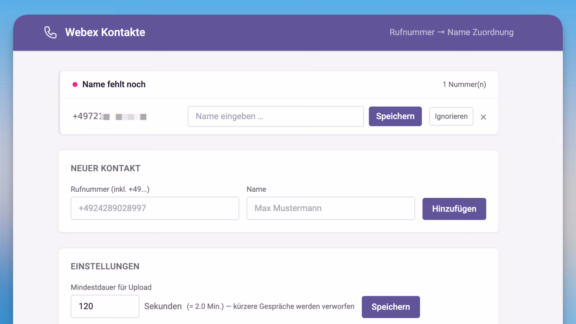 Dashboard der Sally-Webex-Calling-Integration
