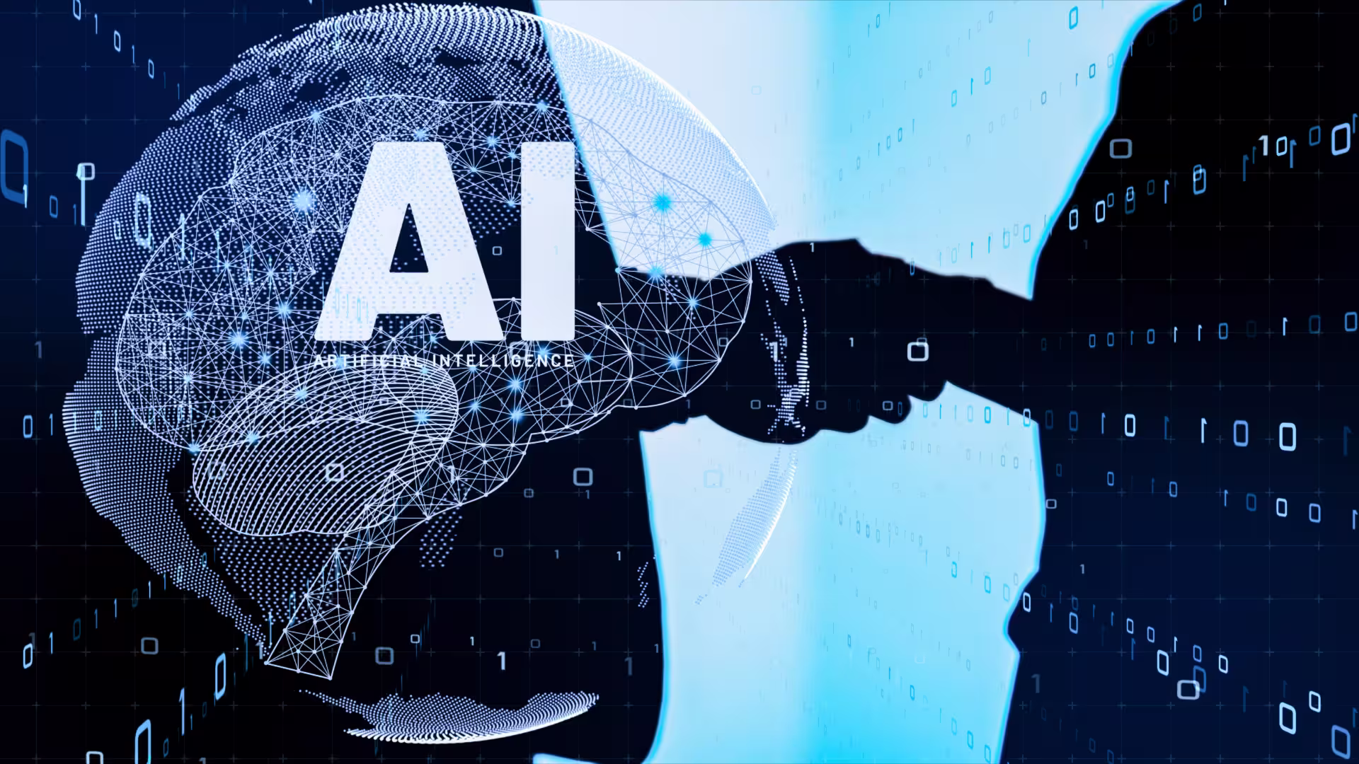 Two Salesmen shaking hands with AI image in front