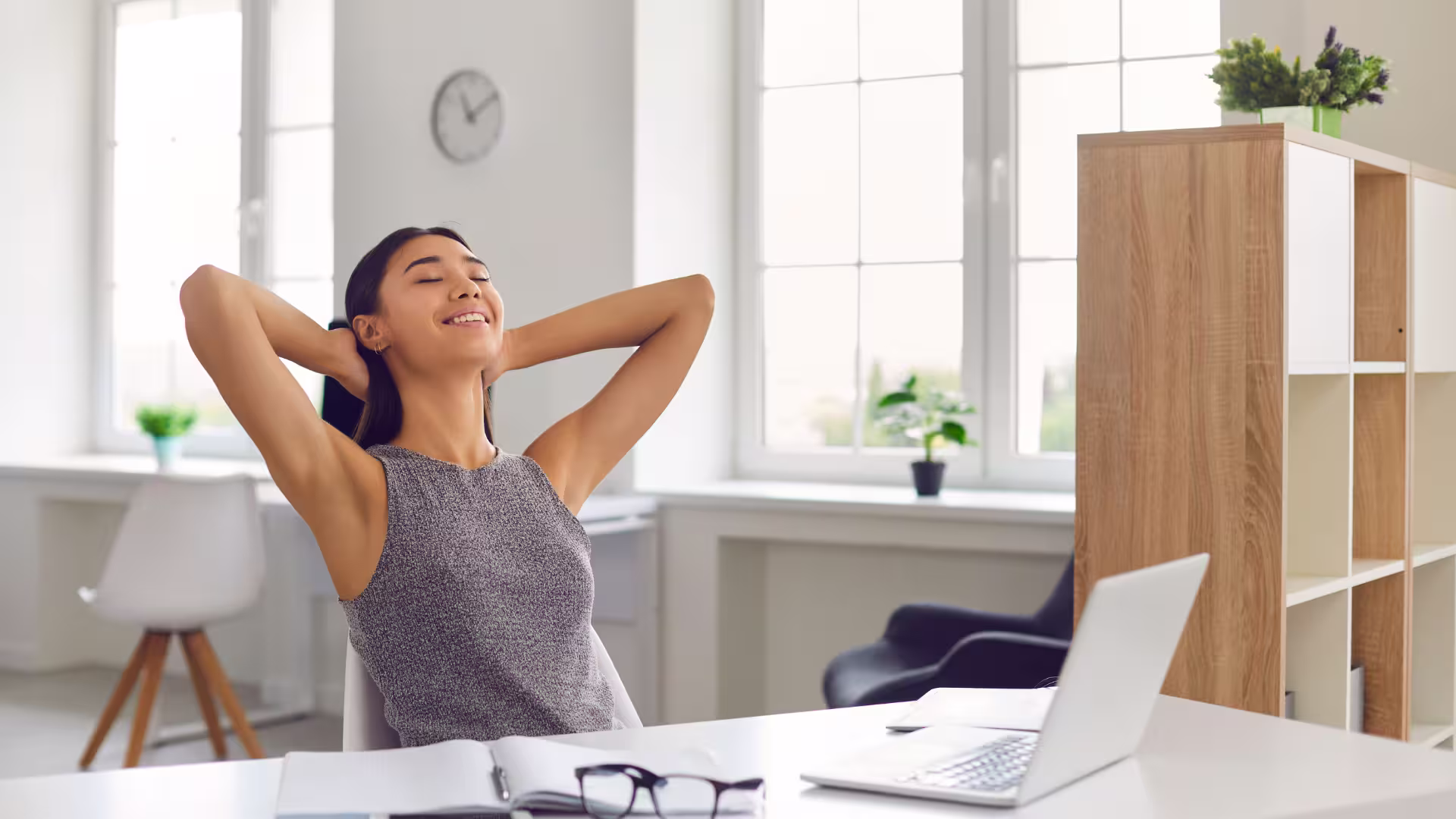 happy woman after using transcription software
