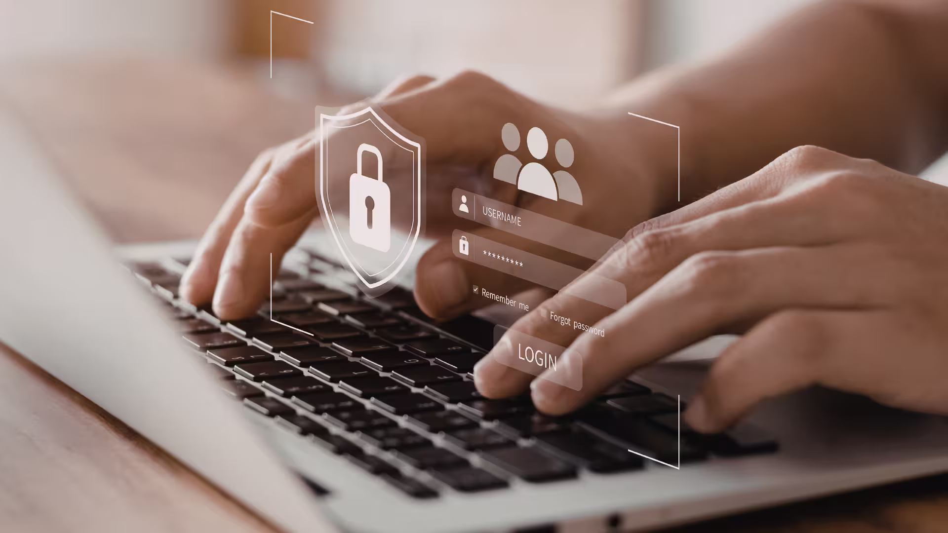 Person typing a password on a laptop with username and password and a data security sign next to it