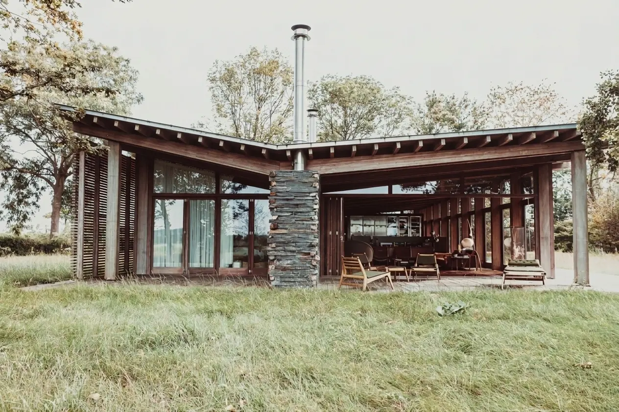 Modern wood and glass house with a stone chimney, surrounded by trees and grass.