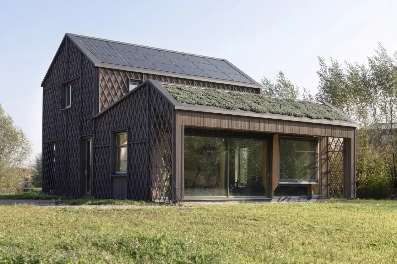 Modern two-story house with diamond-patterned dark wood exterior, solar panels on the roof, and a green roof section above a large glass sliding door.