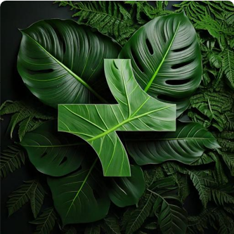 Green tropical leaves with a plus sign made of leaves in the center.