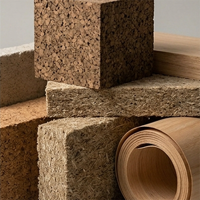 Various biobased material samples including cork, wood fiberboard, and a wood veneer roll stacked together.