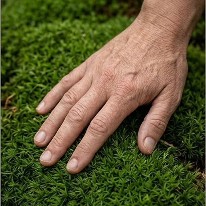 Close-up of an adult hand resting gently on vibrant green moss.