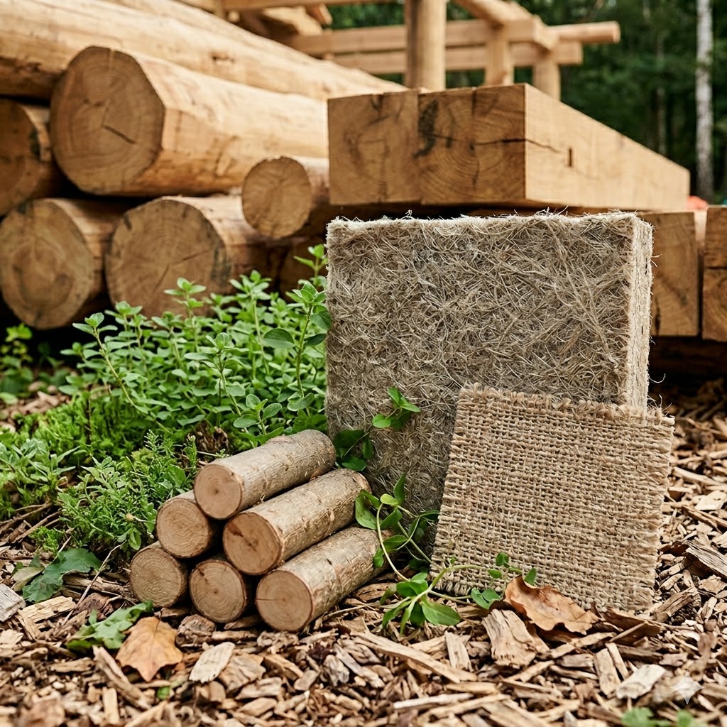 Stack of wooden logs next to two square pieces of natural fiber insulation material on wood chips with green plants in background.