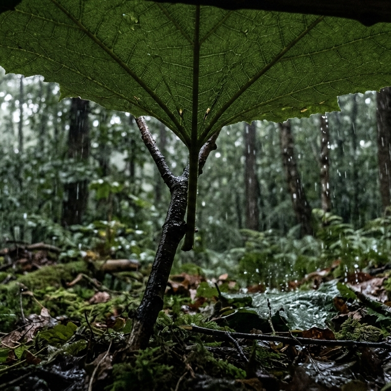 Close-up of a large green leaf with visible veins sheltering a small branch on the forest floor during rain.