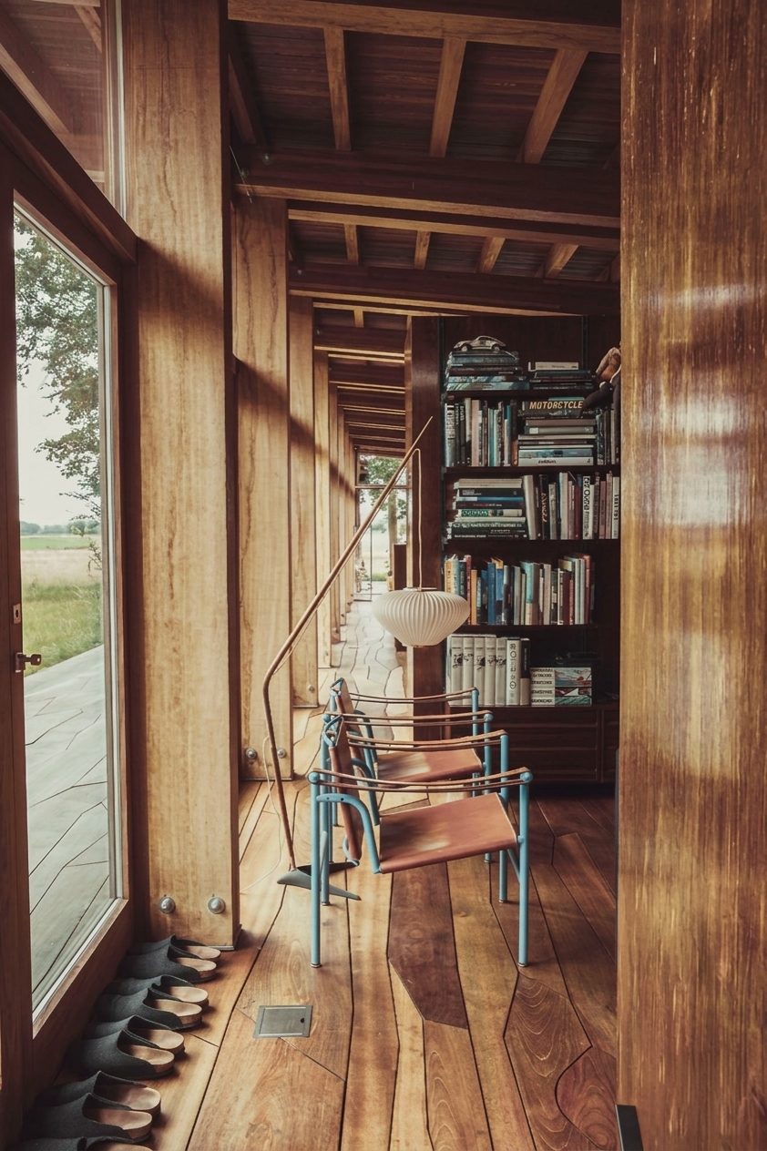 Cozy wooden interior hallway with shelves full of books, two brown leather and blue metal chairs, a floor lamp, and several pairs of slippers lined against the wall.