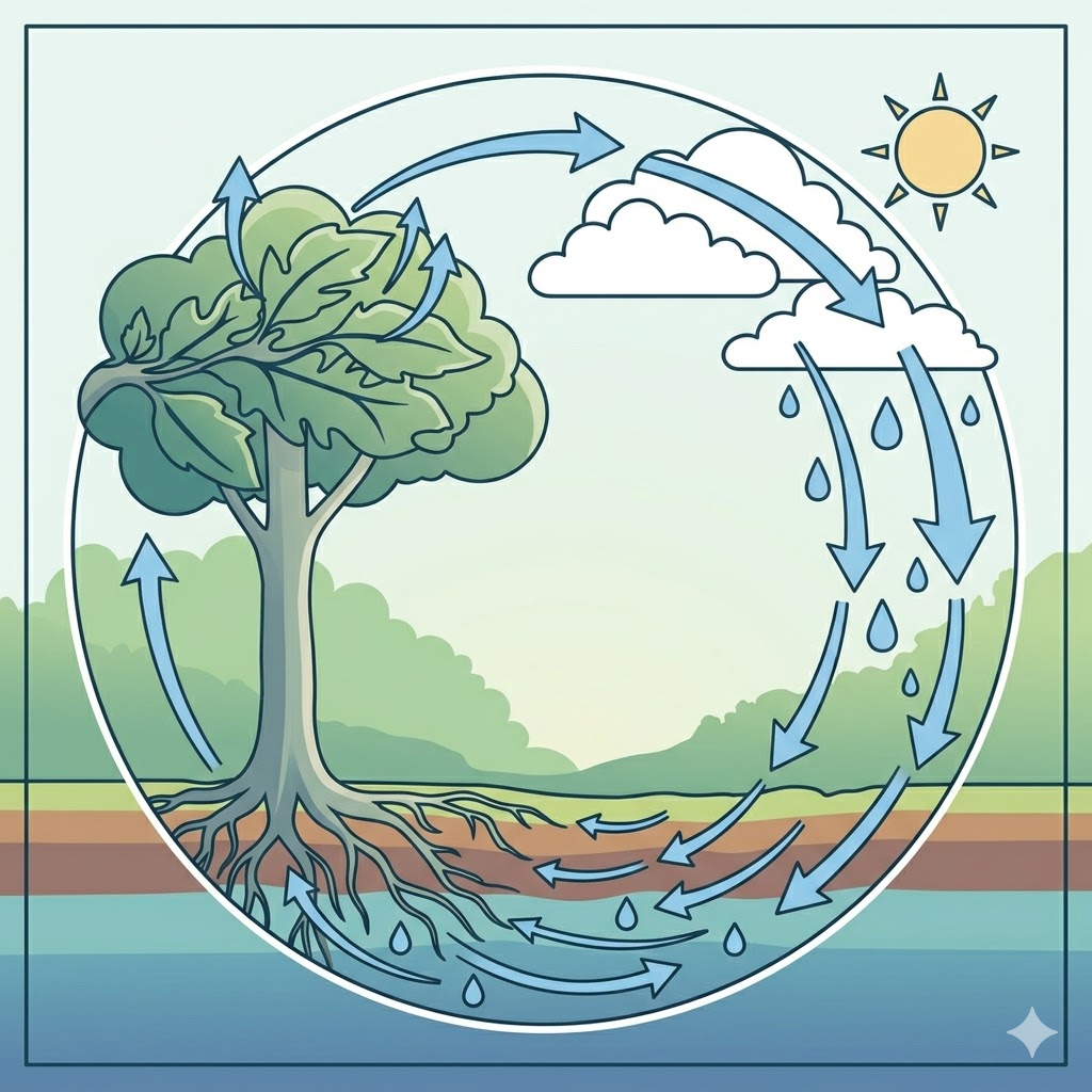 Illustration of the water cycle showing a tree, clouds, sun, rainfall, and arrows depicting water movement through evaporation, precipitation, infiltration, and groundwater flow.