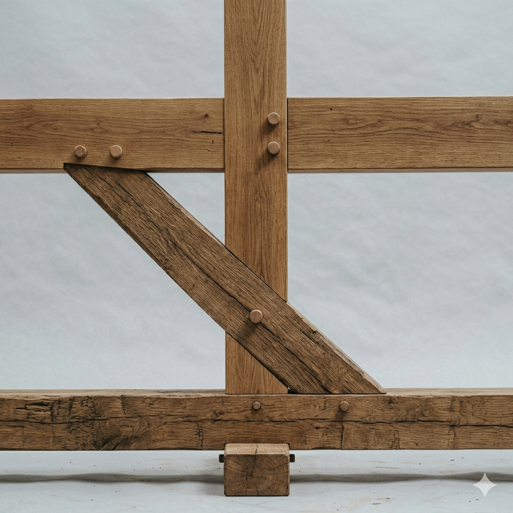 Close-up of wooden beams joined with round wooden pegs against a plain background.