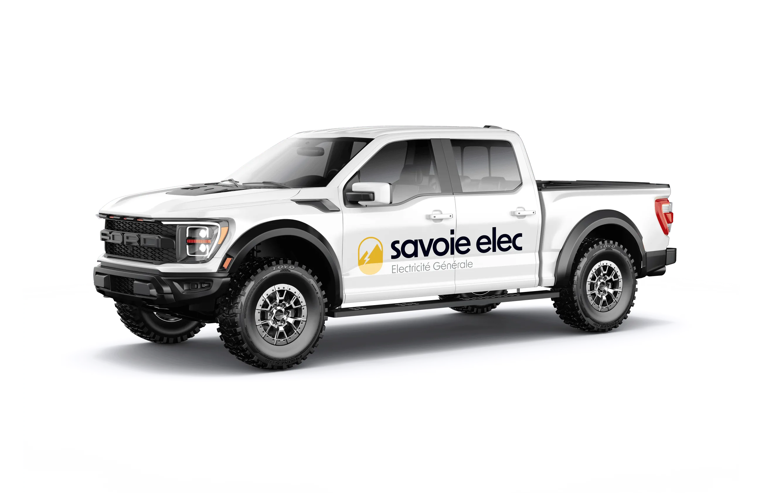 Camionnette blanche Savoie Elec avec logo sur le côté