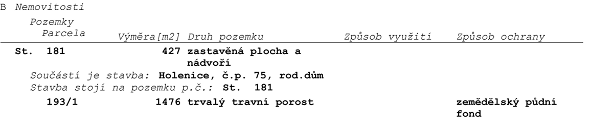 Textový výpis nemovitostí zahrnující pozemek St. 181 o výměře 427 m2 se zastavěnou plochou a nádvořím s rodinným domem Holenice č.p. 75, a pozemek 193/1 o výměře 1476 m2 s trvalým travním porostem chráněný jako zemědělský půdní fond.