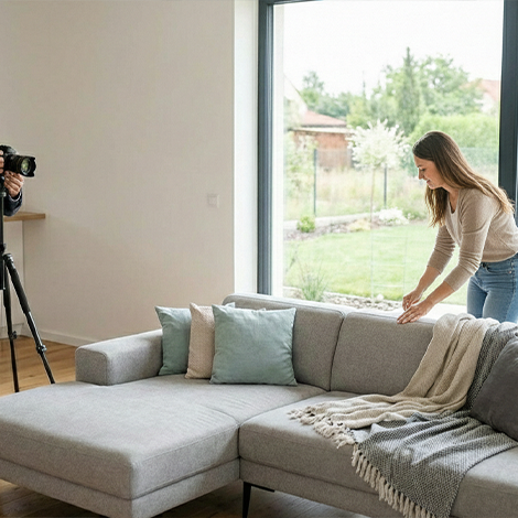 Žena upravuje polštáře na šedé rohové pohovce v moderním obývacím pokoji s velkým oknem.