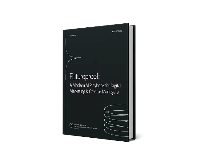 Black hardcover book titled ‘Futureproof: A Modern AI Playbook for Digital Marketing & Creator Managers’ with minimalist white text and curved line graphics on the cover.