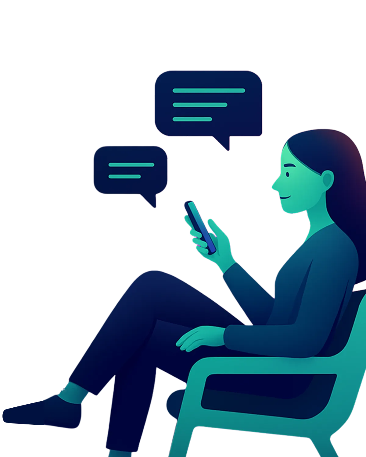 Illustration of a woman sitting on a chair, holding a smartphone and reading chat messages shown as speech bubbles on a dark background.